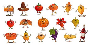 Çizgi film süper şükran günü karakterleri. Balkabağı, turta, yaprak, meyve ve şarap şişesi kişilikleri neşeli ifadeleri ve neşeli pozlarıyla hasadı sıcak ve şenlikli bir enerjiyle kutluyorlar.