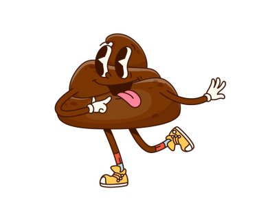 Funny poop groovy character, shit cartoon emoticon. Excrement happy groovy vector character. Toilet shit cartoon groovy vintage personage or poop foolish cute emoticon dancing in sneakers