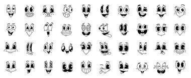 Çizgi filmlerdeki komik komik yüz ifadeleri ve eski sevimli emoji karakterleri. Tuhaf gözleri, ağızları, kalpleri, alaycı dilleri ve bıyıkları olan klasik animasyon vektör kişiliklerinin mutlu yüzleri.