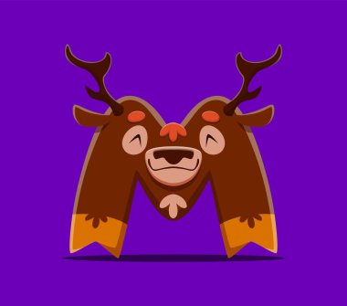 Noel yazı tipi alfabesi, Noel Baba geyiği olarak M harfi ya da kış tatili için geyik, çizgi film vektörü. Mutlu Noeller yazı tipi ya da Xmas tipi ve Ren geyiği karakteri olarak M harfinin yeni yıl şenlikli yazı tipi