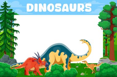 Yeşil orman ormanında tarih öncesi dinozorların olduğu Jurassic dino parkı afişi. Eğlenceli tarih öncesi yaratıklarla vektör şablonu ve eğitim için verimli bitki örtüsü, çocuk kitapları veya etkinlik davetiyeleri
