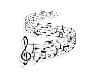 Müzik notalı şarkı dalgası, müzik notalı vektör ses girdabı, üç katlı anahtar ve kıvrımlı stave işaretleri. Melody monokrom girdabı, caz kulübü performansı, klasik opera konseri ve orkestra senfonisi.