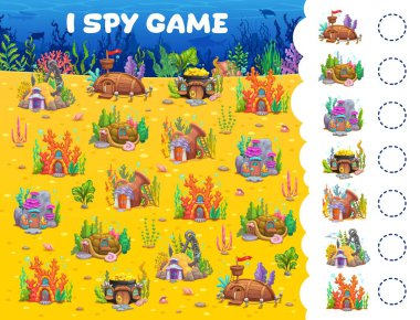 Oyun kağıtları, deniz dibi bulmaca testinde sualtı çizgi film evleri görüyorum. Çocuk eğitim aktivitesi, vektör teknesi, çapa, mercan, taş ve kaplumbağa ev binaları oyunu, bulmaca görüyorum.