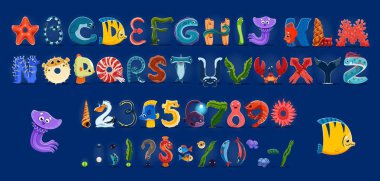 Sea animal alphabet, underwater font, ocean type. Cartoon funny english alphabet letters font with vector marine fish, whale and shark, jellyfish, crab, octopus and squid animals, kids abc characters clipart