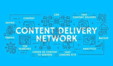 Cdn içerik iletim ağı teknolojisi bilgisel doğrusal simgeleriyle hızlı içerik iletimi, veri transferi, yedekleme, analitik, trafik tasarrufu ve üst aramalar satır işaretleri gibi anahtar yönleri gerçekleştirir