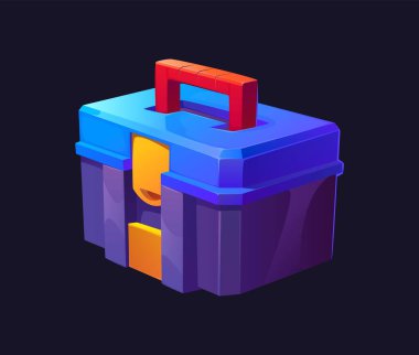 Çizgi film fütüristik bilim kurgu oyun alet çantası, uzay sandığı. İzole vektör oyun varlığı, araçlar için depolama aracı ve organizasyon kırmızı saplı mavi, turuncu ve mor renkler ve kilit