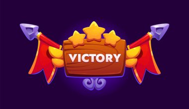 Oyun zaferi ödülü ikonu ya da seviye başarısı için UI ödül rozeti, vektör ödülü. Oyun zafer rozeti, atari oyunu için tahta tahtada kutlama kurdeleleri ve altın yıldızlarla tamamlanmış.