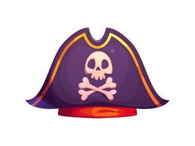 Çizgi film korsanı tricorn şapkalı. Vektör korsair, kaptan, denizci başlığı, neşeli kafatası ve çapraz kemikli. İzole korsan başlığı, kürsü önleyici kostüm, kırmızı bantlı denizci şapkası.