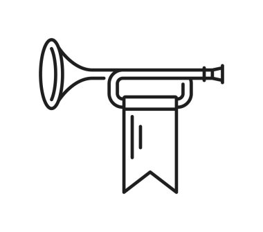 Ortaçağ habercisi trompeti, bayrak çizgisi simgesi asılmış. Törensel ya da şenlikli olaylarda kullanılan bir boynuzun siyah ve beyaz vektör işareti. Tarihi enstrüman duyuruyu ve kutlamayı sembolize eder