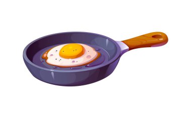 Kızartma tavasında yumurta. Pişirme süreci, kahvaltı hazırlığı ve aşçılık becerilerini vurgulayan güneşte pişmiş yumurta içeren ahşap saplı izole çizgi film vektör tavası.