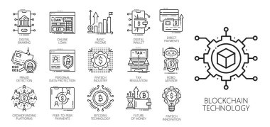 Fintech, engelleme zinciri, kripto para birimi teknoloji çizgisi simgeleri. Dijital iş ve finans vektör ana hatları bitcoin, dijital para değişimi, cüzdan ve bankacılık, sanal kredi ve doğrudan ödeme sembolleri