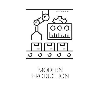 Modern imalat, otomatik ve manuel üretim taslak ikonu. Fabrika üretim hattı, depo tedarik zinciri otomatik ekipman anahat vektör ikonu robotik elle konveyör kutuları yükleme