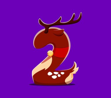 Noel yazı tipi alfabesi, Noel Baba geyiği olarak 2 numara ya da karikatür vektörü için geyik. Xmas bayram tebrikleri için Mutlu Noeller yazı tipi ve yeni yıl tipi, iki numaralı ren geyiği karakteri.