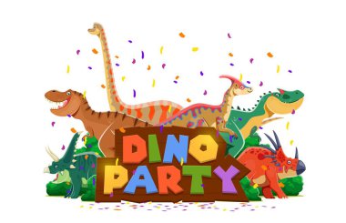 Dino parti afişi, doğum günü davetiyesi kapağı. Karikatür dinozorları, bereketli yeşillik, konfeti ve ahşap tabakta renkli eğlence tipografisi olan dino temalı bir etkinlik için canlı ve eğlenceli bir davet.
