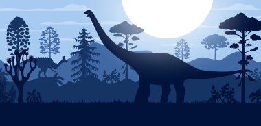 Dinozor kertenkele siluetleriyle Jurassic ormanında tarih öncesi manzara, gün batımlı vektör arkaplan. Çizgi film tarih öncesi dev kertenkele ve dinozor siluetleri ormanda güneş gökyüzünde.
