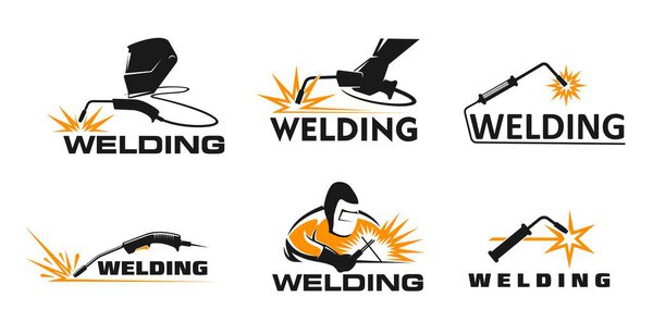 Weld icons, welders with metal work tools, sparks, welding torches, masks and gloves. Vector weld fabrication, metal construction workshop or plumbing service worker with gas metal arc welding machine