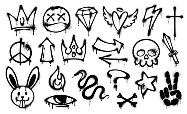 Grunge mürekkep graffiti sprey boya ikonları. Siyahi şehir ve sokak kültürü elementlerinin vektör kümesi. Yılan, kafatası, taç ve tavşan kafası, yıldırım, soru işareti ve kanatlı kalp. Göz, elmas, çapraz