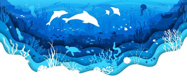 Paper cut underwater landscape with dolphins, seaweeds and animal silhouettes, vector background. Sea or ocean life of undersea with papercut turtle, jellyfish and whales or stingray in water waves