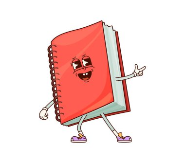 Okul eğitimi notları. Neşeli bir ifadesi ve neşeli duruşu olan harika bir karakter. Çizgi film vektörü spirale bağlı dizüstü bilgisayar veya günlük retro kişilik parmak tabancası hareketiyle kendine güvenli bir poz veriyor.