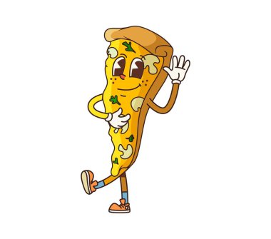 Harika bir fast food pizza dilimi karakteri. İzole edilmiş karikatür vektörü fast food kişiliği, mantar ve yeşillik kaplama, dostça gülümseme ve peynir damlaları, el sallama, partiye eğlence getirir.