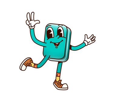 Okul eğitimi silici harika bir karakter. Neşeli gülüşü ve barış hareketiyle izole edilmiş çizgi film vektör silme aracı. Okul ya da ofis lastiği, eğitici kırtasiye retro kişilik tuhaf titreşimler uyandırıyor.