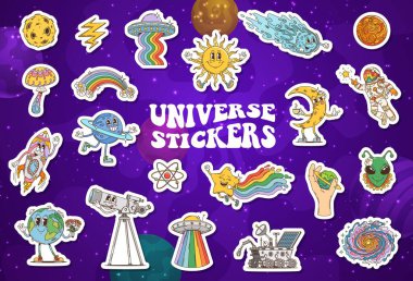 Havalı uzay çıkartmaları paketi. Dünya, roket, astronot ve UFO. Gökkuşağı, yıldız, kuyruklu yıldız ve uzaylı kafalı atom. Teleskop, uzay gemisi, uzay aracı veya galaksi sarmalı, yıldırım, mantar ve göktaşı.