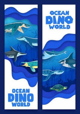 Prehistoric underwater dinosaurs. Vector vertical undersea paper cut cards with cartoon reptile animals and aquatic creatures among coral reefs and seaweeds in the deep sea waters. Ocean dino world clipart