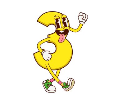 Üç numaralı matematik harikulade bir karakter. Çizgi film karakteri, komik, sarı renkli, garip gözlü ve yapışkan dilli. İzole vektör rakamı 3 çocuk kitapları ve matematik eğitimi için mükemmel.