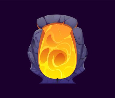 Fantezi oyun kapısı sihirli kapı, oyun varlığı. Karikatür vektörü, taştan bir kemer içindeki güçlü büyülü kapı aralığı, yoğun bir şekilde turuncu ve sarıyla parıldıyor. Zaman yolculuğu maceraları için cadılık kapıları.