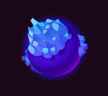 Çizgi film galaksisi fantezi uzaylı mavi uzay gezegeni. Parlayan buz gibi dikenleri var. Bilinmeyen fantastik dünya, gerçeküstü, dünya dışı gök cismi donmuş yüzeyi kristal kayalarla kaplı.