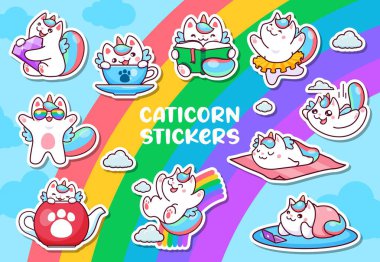 Cute cartoon caticorn cat or kitten characters sticker, vector funny or cat unicorn on rainbow. Kids caticorn princess or ballerina kitty with happy smile on face for kids emoji or emoticon stickers clipart