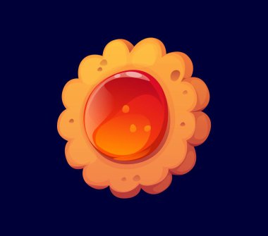 Çizgi film kurabiyeleri ve tatlı pastalar. Parlak kırmızı jöle merkezli, taraklı, çiçek şeklinde fırında tatlı. Altın kahverengi kabuklu ve reçelli papatya çiçeği kurabiyesi