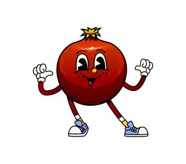 Çizgi film, harika nar ve meyve karakteri mutlu bir yüz ifadesiyle kendini gösteriyor. İzole edilmiş vektör tropikal meyve kişiliği parlak kırmızı yuvarlak bir vücuda, anlamlı gözlere ve geniş bir gülümsemeye sahiptir.