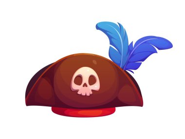 Çizgi film korsanı tricorn şapkalı kafatası amblemi ve mavi tüylerle süslenmiş. İzole edilmiş Vektör Corsair, denizci başlığı ve neşeli Roger. Korsan macera ve cadılar bayramı için şapkalı