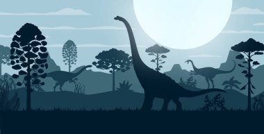 Günbatımı ormanında Jurassic döneminin tarih öncesi dinozor siluetleri, vektör arkaplan. Çocuklar için ormandaki dev dinazor ve sürüngenler siluetleri dino dünya atlası ya da paleontoloji müzesi
