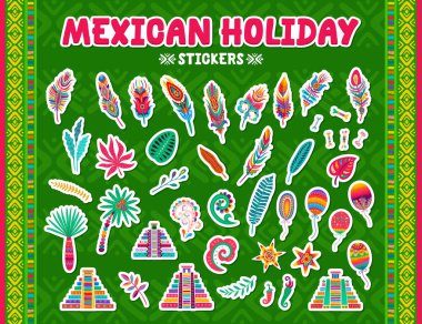 Meksika tüyleri, piramitler ve kemikler, pinata ve çiçek etiketleri, vektör simgeleri. Aztek ya da Maya piramidi, kırmızı biber ve biberli marakas ve tropikal bitkilerin Meksika bayramı karikatürleri.