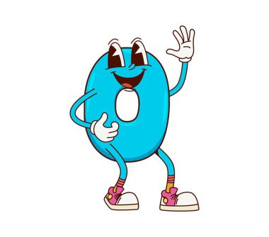 Çizgi film matematiğinin sıfır numaralı harika karakteri. İzole vektör komik okul numarası 0 kişiliği sevimli, neşeli gülümseyen yüz ve parlak mavi renk, çocuk eğitimi ve çocuk oyunlarına hazır.