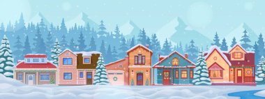 Kış tatili için çatıda evler ve karla kaplı karlı bir kasaba. Çizgi film arka planı. Noel evi cepheleri ya da dış görünüşü kapıda çelenk ve kardaki köknar ağaçları olan evler.