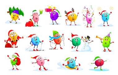 Cartoon vitamin characters on Christmas winter holiday with Santa gifts, vector micronutrients. Funny happy vitamin B, E and C with Christmas tree and snowman, riding sledge or skating on ice rink clipart