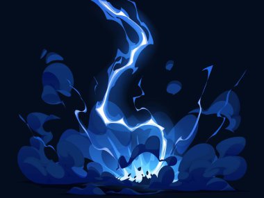 Çizgi film mavi şimşek şimşeği, gök gürültüsü etkisi. Vektör enerji saldırısı, büyü gücü ya da yere güçlü bir şiddetle çarpma. Elektrik çarpması, elektrik çarpması