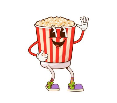 Çizgi film fast food patlamış mısırlı harika karakter. Fast food menüsü, hazır restoran patlamış mısır ya da abur cubur tatlı hippi izole vektör karakteri. Sokak menüsü komik çizgi film şahsiyeti