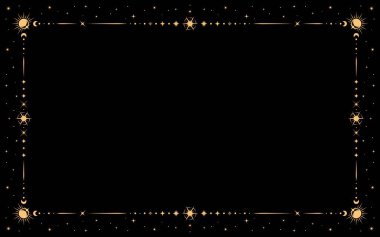 Mystic celestial frame with astrology sun, moon and stars in golden line border, vector background. Mystic celestial frame for Tarot cards, esoteric astrology and witchcraft magic with sky symbols clipart