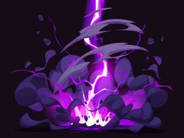 Çizgi film elektrikli şimşek etkisi, mor gök gürültülü şimşek. Enerji ve dumanla yere vuran taşıyıcı ışıldayan yükler güç, yoğunluk ve büyülü bir dünya dışı güç hissi verir.