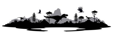 Monochrome prehistoric dinosaurs silhouettes of T Rex tyrannosaurus in forest jungle, vector background. Prehistoric Jurassic giant lizards and dinosaurs with dino birds in forest mountain silhouette clipart