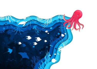 Kağıt, ahtapot ve balık sürüsü ya da sualtı hayvanlarıyla sualtı manzarasını keser. Deniz ya da okyanus altında kağıt üzerinde yaşam komik ahtapot karakteri ve denizanasıyla suyu keser.