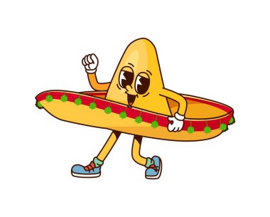 Kalkmış yumruklu komik havalı Meksikalı şapkalı karakter. İzole edilmiş çizgi film vektörü geleneksel mariachi ya da geniş gülümsemeli Latin şapkalı, spor ayakkabılı ve neşeli, kutlayıcı bir enerji yayıyor.