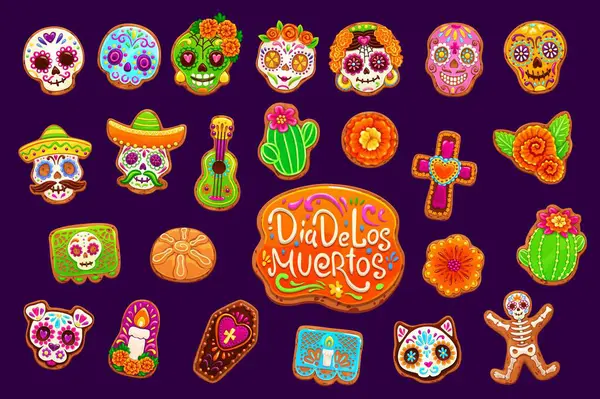 stock vector Mexican dead day biscuit cookie and cakes, dia de los muertos holiday pastry. Cartoon vector sugar skull, marigold, cross, guitar and cacti, coffin, cat, skeleton and mariachi decorated sweet cookies