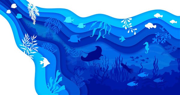 Underwater paper cut landscape featuring a variety of marine life inside of layered 3d vector frame with blue ocean or sea depth, teeming with fish, seaweed, stingray, squid and coral reef silhouettes