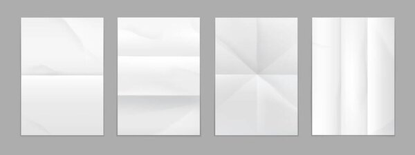 White fold paper or notebook wrinkle sheet of crumpled pages, realistic vector. Folded paper with blank background for poster, leaflet, flyer or banner document with fold crease of crumpled pages