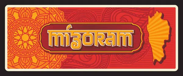 stock vector Mizoram Indian state retro travel plate vintage banner. Vector travel destination sign, India landmark. Retro board, touristic signboard plaque with oriental ornament and territory map